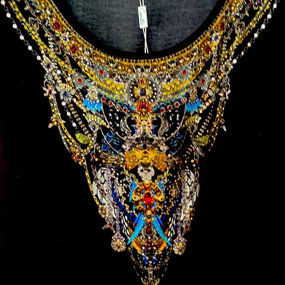 Camilla model top loose fit tee with jeweled embellishments at neckline - Picture 2 of 4